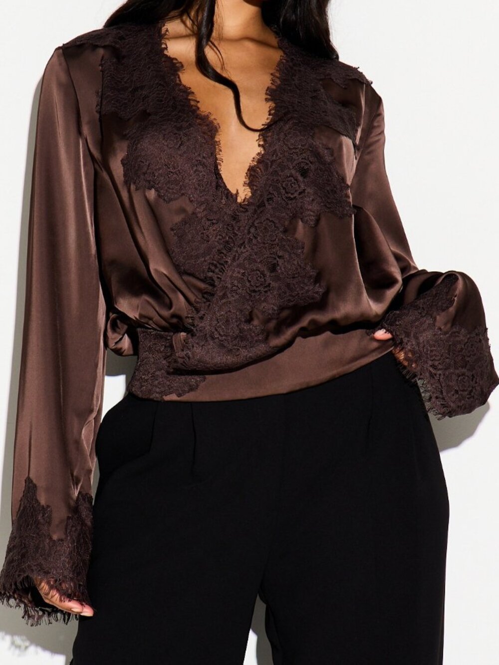 Brown Elegant Women's Lace Trim V-Neck Blouse With Bell Sleeves